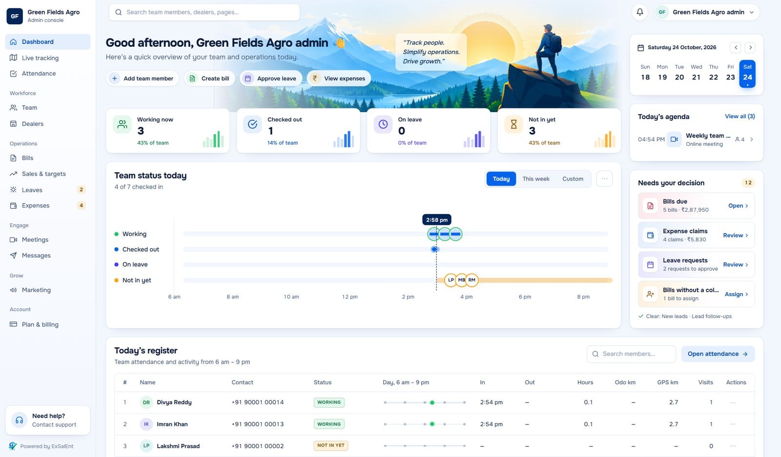 ExSalEnt admin console dashboard showing who is working now, a team status timeline and decisions waiting for the admin
