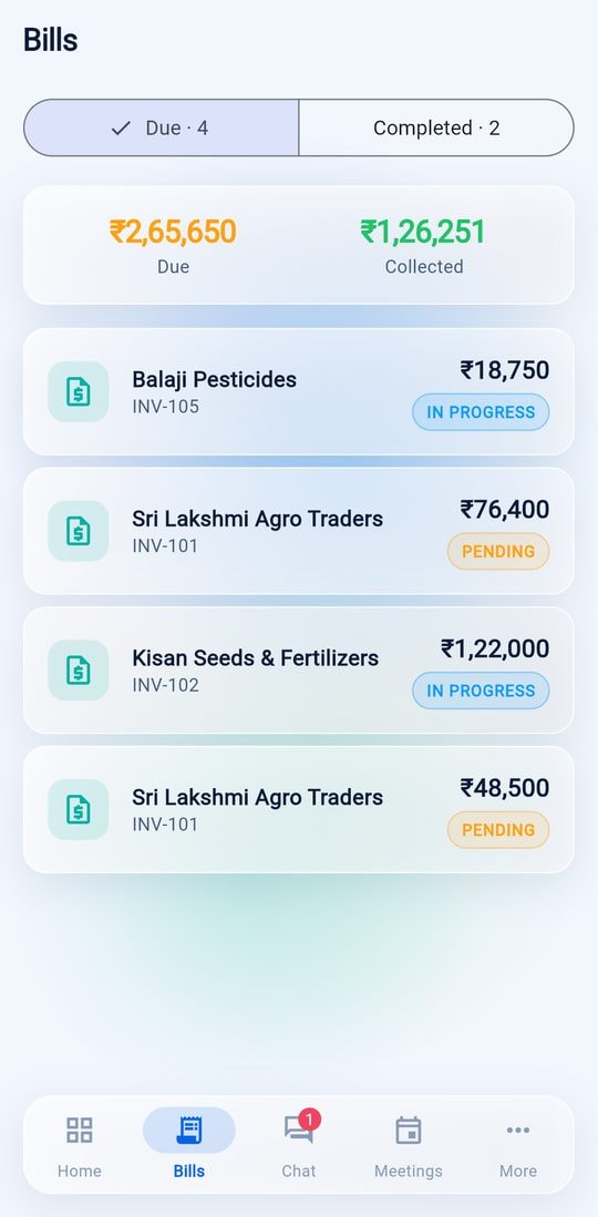 Mobile bills list with amounts due and collected and each bill's status