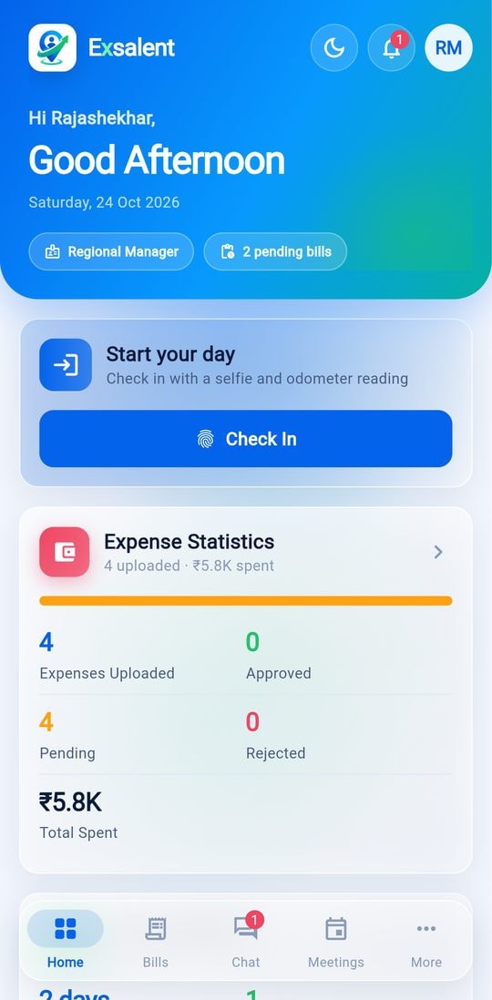 ExSalEnt mobile app home screen for a regional manager, with the Check In button and expense statistics
