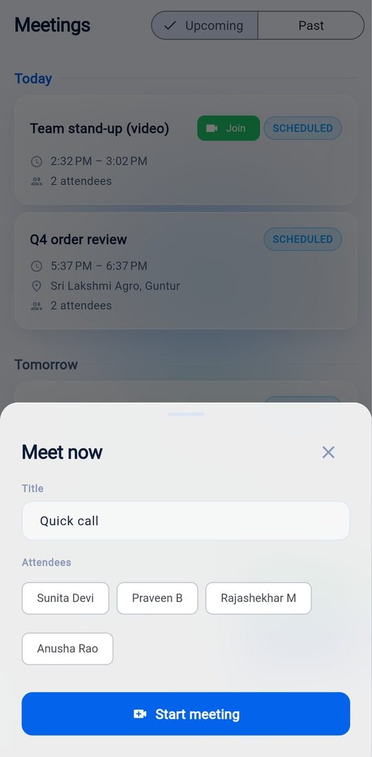 Mobile app Meet now sheet to start a video meeting with chosen team members
